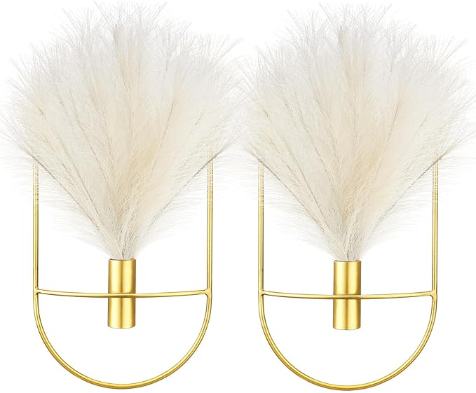 Peryiter 2 Pcs Boho Wall Decor Metal Gold Wall Art Hanging Planters with Artificial Pampas Modern Home Decor Display Art for Living Room Bedroom Bathroom(Oval)