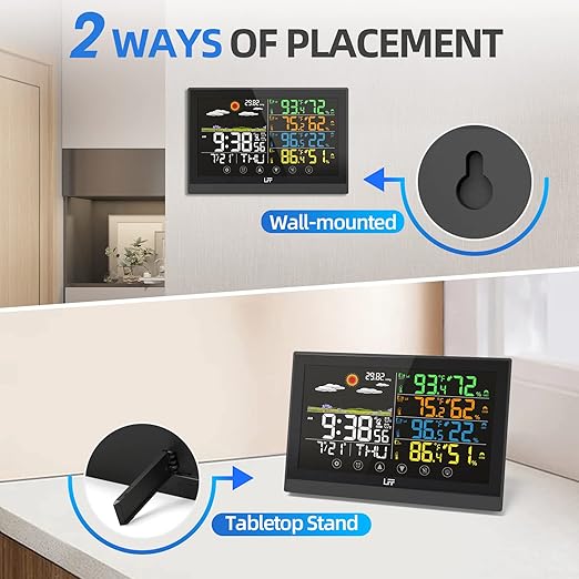 LFF Weather Station, Indoor Outdoor Weather Station Wireless with Multiple Sensors, Color Display Digital Atomic Clock Indoor Outdoor Thermometer Wireless, Forecast Station with Adjustable Backlight