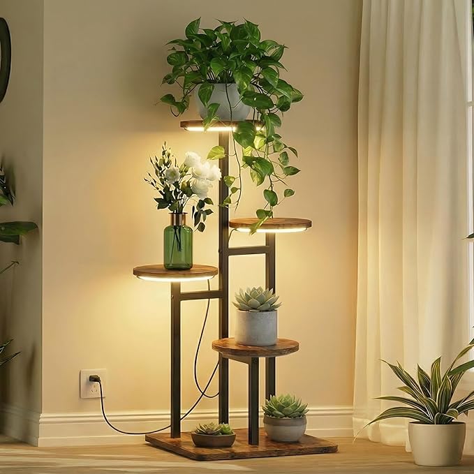 4 Tier Plant Stand Indoor with Grow Light, Tiered Plant Stands for Indoor Plants Multiple, Corner Flower Stand for Living Room, Multi-Layer Vintage Design Plant Shelf