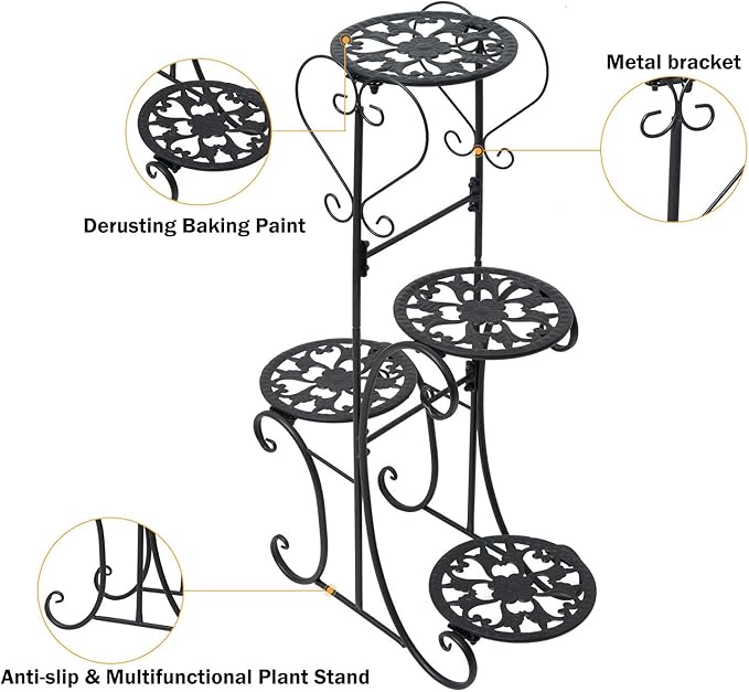 32inch Tall Metal Plant Stand Multi Tiered 4 Tier Multiple Flower Pots Holder Shelf Rack Display Stand Wrought Iron Planter Display Rack Potted Planter Shelves Organizer for Patio Balcony Garden