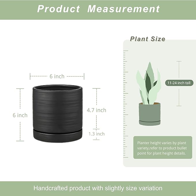 HERDUK 6 Inch Plant Pots, Ceramic Planter Pot with Drainage Hole & Saucer, Indoor/Outdoor Cylinder Round Planter Pot, Matte Black