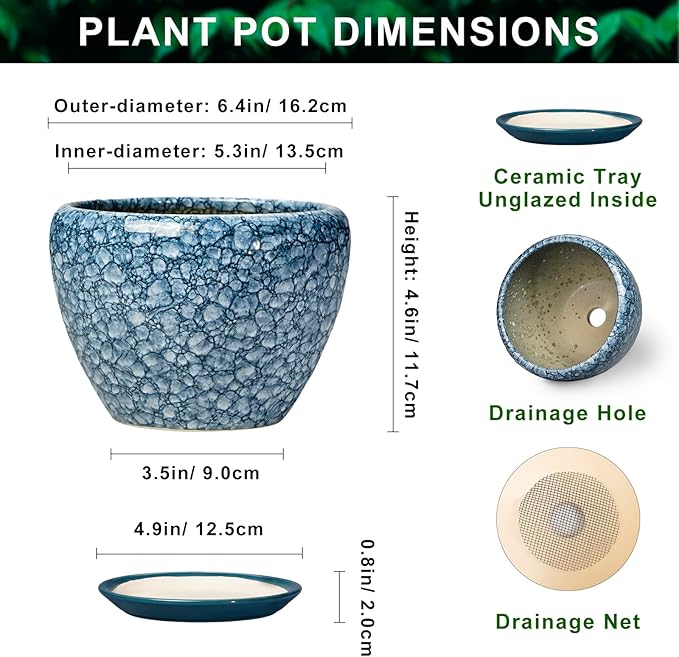 Ceramic Plant Pots - 6 Inch Planter with Drainage Hole and Tray, Decorative Plant Pots for Indoor Outdoor Plants, Round Modern Flower Pot, Home Decor, Gifts for Men Women, Stone Blue