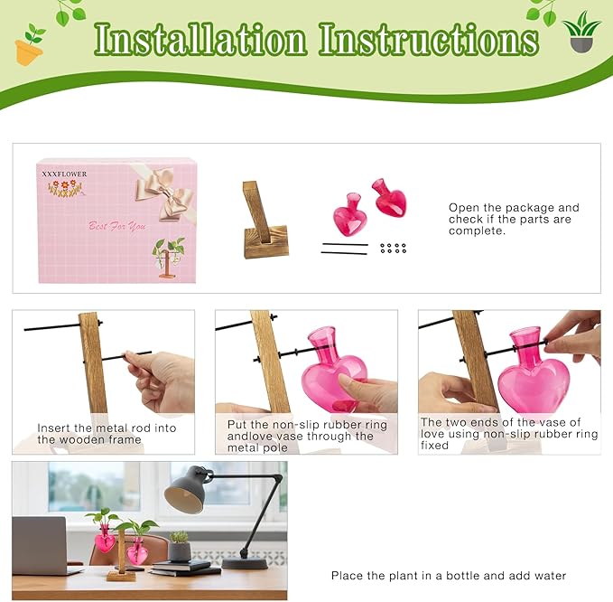 XXXFLOWER Plant Terrarium Wooden Stand Hydroponic Planter Bulb Glass Metal Swivel Holder Retro Air Plants Water Plants for Home Office Decoration,Gifts for Plant Lover Wife Mom- 2 Pink Love Bulb Vase