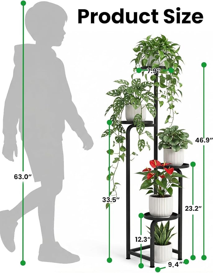 TOSKING 4 Tier Corner Plant Stand Indoor &Outdoor, Heavy Duty Metal Flower Pot Holder Shelf for Multiple Plants, Space Saving ,Tall Metal Plant Stand with Drainage Holes for Outdoor Use,Tiered Display for Patio, Garden, Balcony, Living Room Decor (Blac...