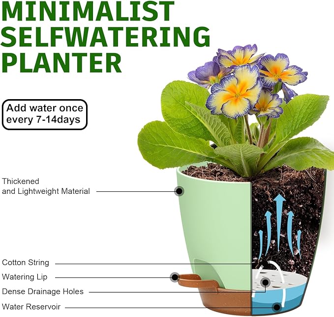 5-Pack Plant Pots with Drainage 7/6.5/6/5.5/5 Inch Self Watering Pots for Indoor Outdoor Plants, Plastic Flower Pots with Drainage Holes and Removable Saucers, Plant Pots with Wicking Rope (Green)