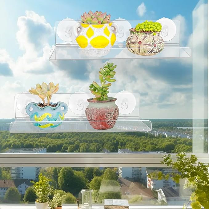 2 Pack Window Plant Shelves, 12 Inch Acrylic Suction Cup Shelves for Succulents, Herb Planters, Micro Greens, Bathroom Organizer, Display Stand & Cosmetics Storage