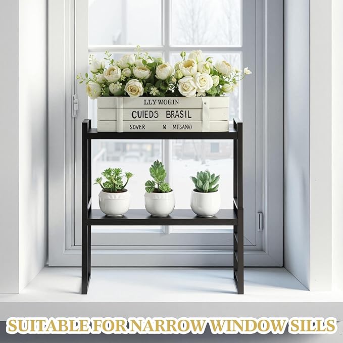 1 Pcs Expandable Window Sill Plant Shelf, 13.7 x 3.5 x 7.28 Inches, Stackable Narrow Over The Sink Shelf, Adjustable Height Metal Window Sill Extender Shelves for Kitchen Bathroom (Black)