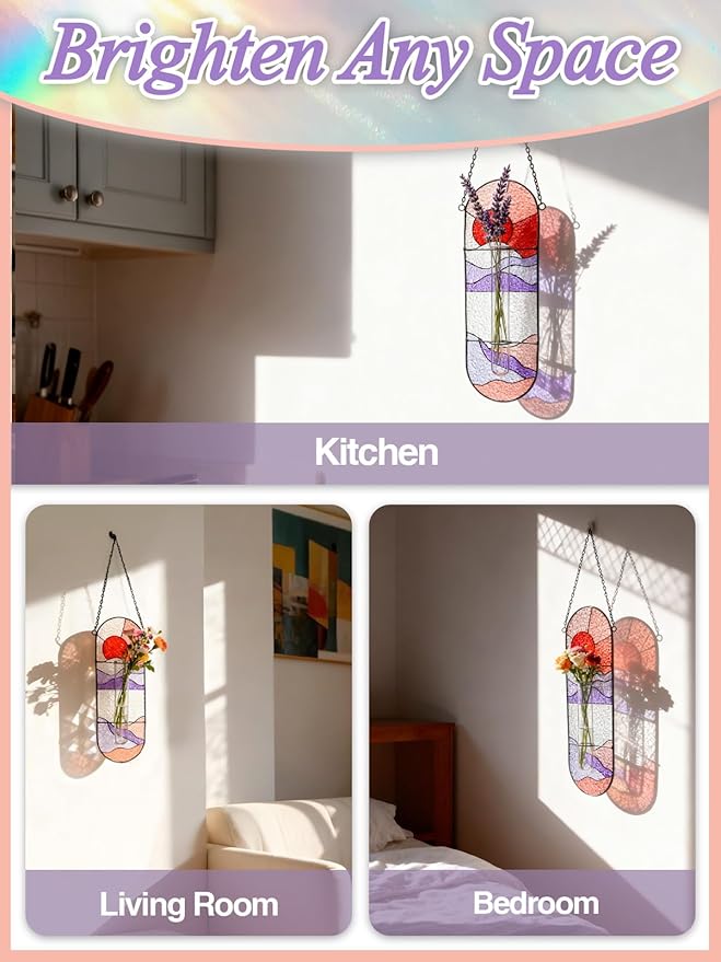 Stained Glass Plant Propagation Stations - Handmade Sunshine Catcher Hydroponic Planter Window Hanging with Glass Tubes, Terrarium Decor Gifts for Women Mom Plant Lovers, Red