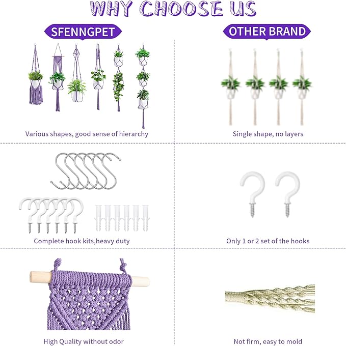 SFENNGPET Macrame Plant Hangers, 6Pack Hanging Planters for Indoor Plants w/ 6 Set Hangers Kit Handmade Macromay Plant Hangers Indoor Flower Pots Holder Stand for Boho Home Décor (POTS NOT Included)