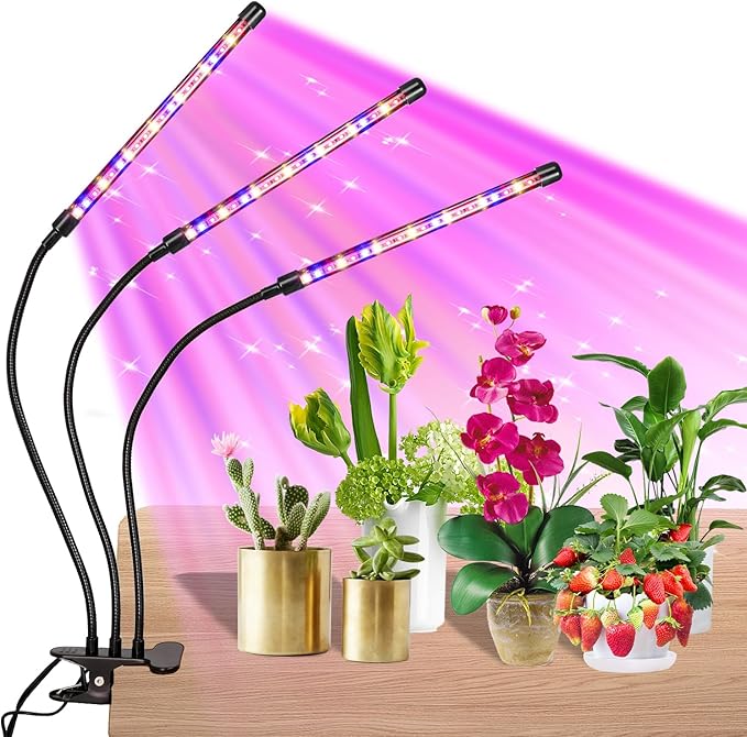 Black 3-Tube Clip-On Grow Light with Red/Blue/Yellow LEDs, Full Spectrum, 6/12/16H Timer, 3 Modes & 10 Dimmable Levels, for Indoor Plants & Seed Starting (1 Pack)