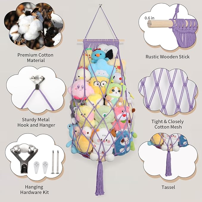 Stuffed Animal Storage Hammock Corner, 70 Inch Jumbo Macrame Stuffed Animal Net Toy Hammock, Wall Ceiling Hanging Plushies Teddy Bear Storage Organizer for Kid Boho Nursery Decor Gift (Purple)