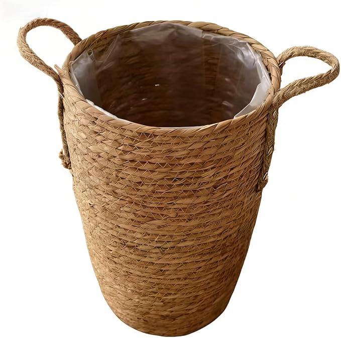 Tall Rattan Woven Planter Basket for Indoor Plants – Grass Flower Pot with Handles & PP Liner, Farmhouse Storage Basket, Multi-Functional Rustic Planter for Home Decor (Small)