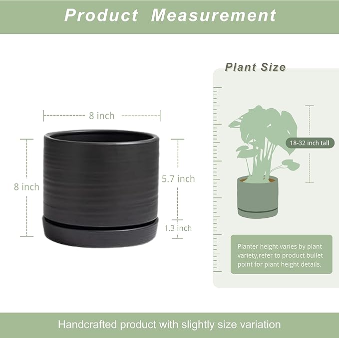 HERDUK 8 Inch Pots for Plants, Ceramic Planter Pot with Drainage Hole & Saucer, Indoor/Outdoor Cylinder Round Planter Pot, Matte Black