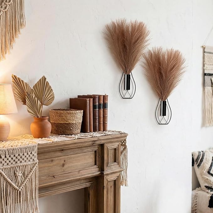 Otoolling 2 Pieces Hanging Plant Wall Decor with Artificial Pampas Grass Metal Hanging Vase Modern Geometric Farmhouse Bohemian Wall Art for Living Room Bedroom Kitchen Office(Black, Light Brown)