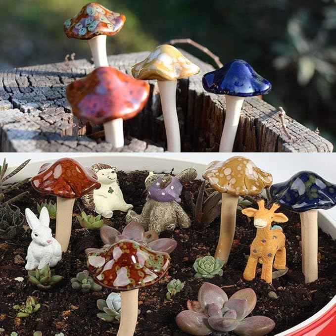 kathson 12 Piece Garden Mushrooms - Ceramic Mushroom for Yard, Fairy Garden Stakes Lawn Ornament Plants Stakes Accessories Pottery Ornament 4.52" in Height (Random Color)