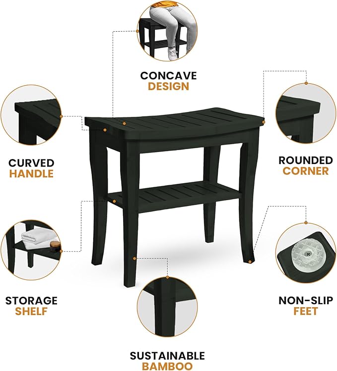 Black Shower Bench - Small Wooden Shower Stool with Storage Shelf, Non-Slip Bathroom Seat, Spa Decor Bath Bench, Foot Rest Shaving Stool for Shower, Indoor Outdoor Use, Great Gift Idea (17" x 9 x 17)