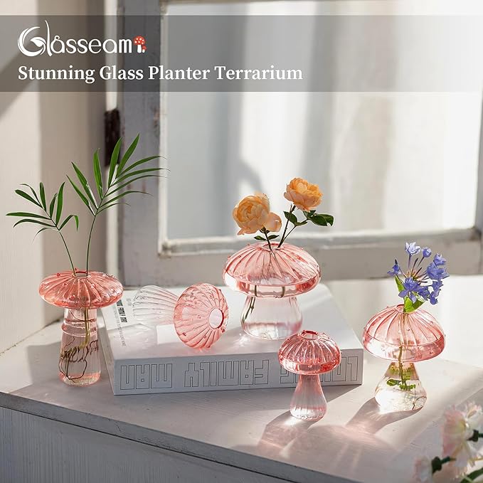 Glasseam Pink Glass Mushroom Vase: Cute Small Flower Vase Set of 10 Unique Mini Bud Vases for Centerpieces Decorative Vases for Flowers Funky Plant Vase Decor