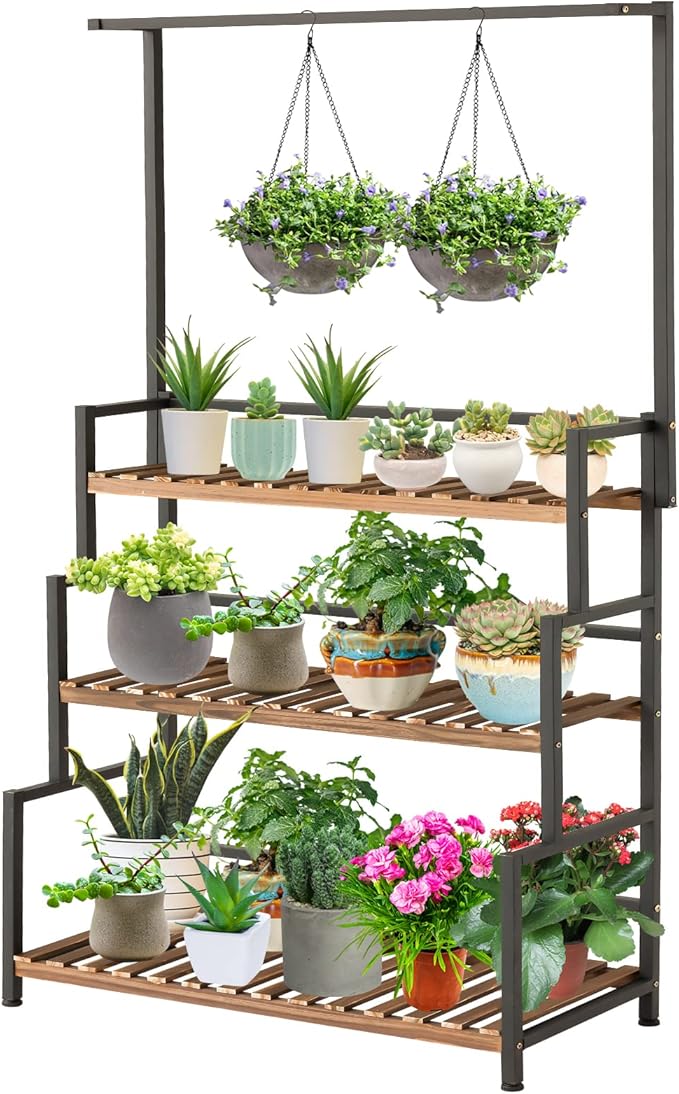 ULIKE Plant Stand Outdoor Indoor Hanging Plant Shelf for Multiple Plants 3 Tier Tall Plant Stand Wood Rack with Metal Frame for Patio Garden Balcony