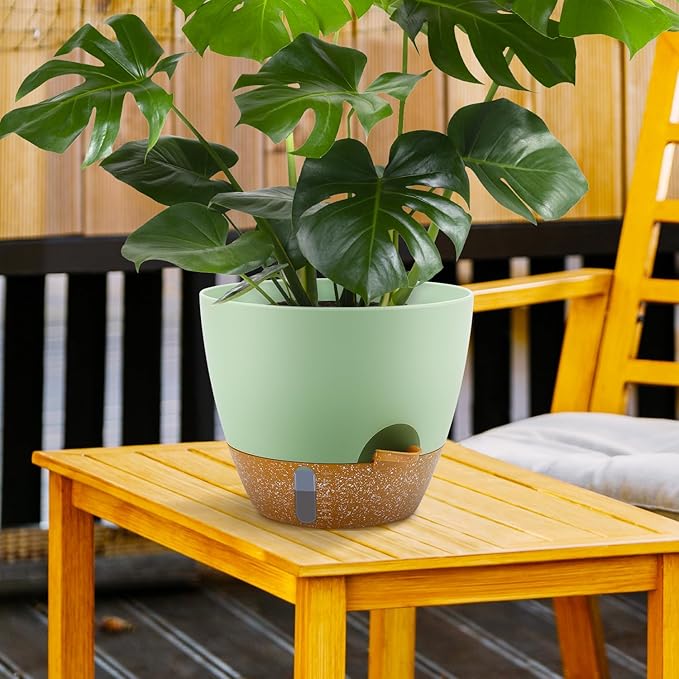 QRRICA Self-Watering Plant Pots with Water Level Indicator, Drainage Holes & Saucers – 12/10/9 Inch Large Plastic Planter Set for Indoor & Outdoor Plants (Green)