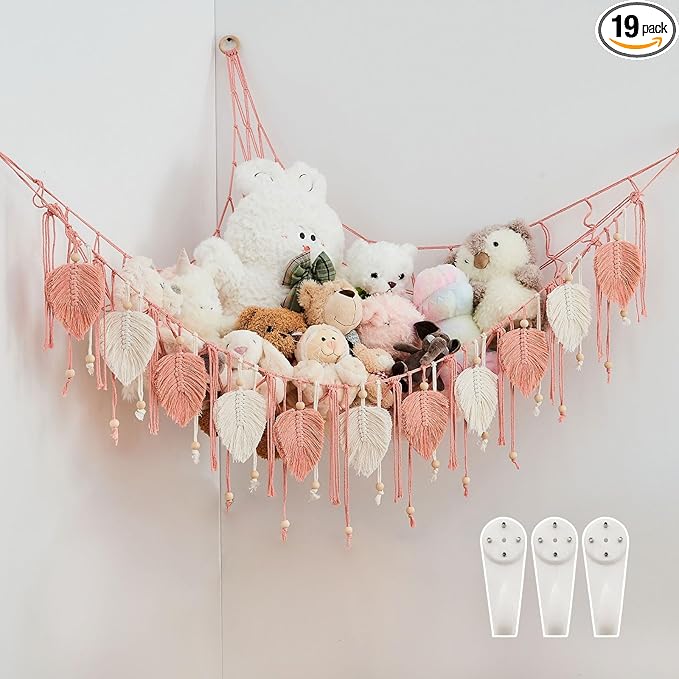 Pretty Jolly Macrame Stuffed Animal Hammock with Beads Hand Woven Leaf Tassels Corner Hanging Net Boho Plush Holder for Kid Room Nursery Decor Easy Install Organizer for Girls Gift(Leather Pink)
