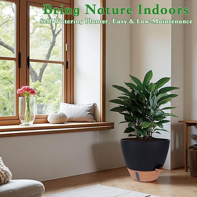 HEJIYUE Large Plant Pot, Self Watering Pots for Indoor Plants, 8/10/12 Inch Plastic Planters with Water Level Indicator, Drainage Holes & Deep Reservoir, Modern Decorative Flower Pot (Black)