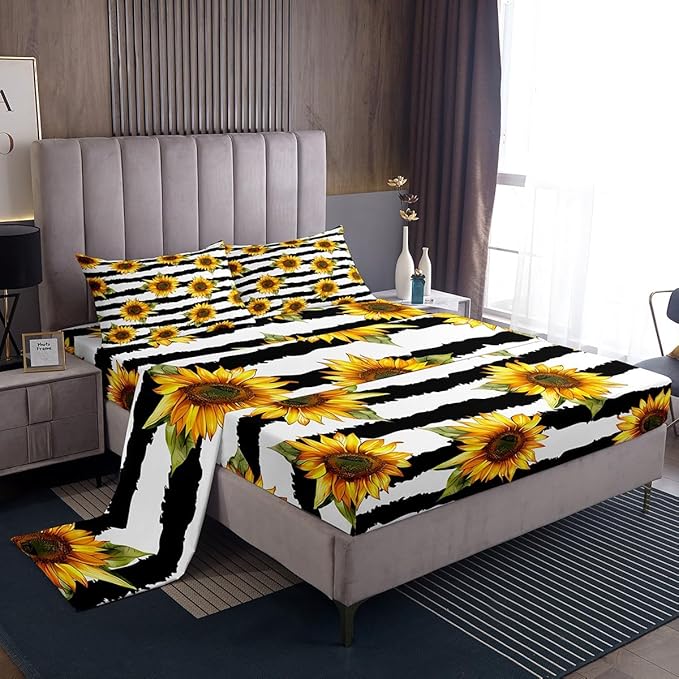 Sunflower Sheet Set Twin Size For Girls Cute Floral Decor Bedding Set Women Teens Ultra Soft Black White Stripe Flowers Kid's Bed Sheets with Deep Pocket, 1 Flat Sheet, 1 Fitted Sheet, 1 Pillowcases