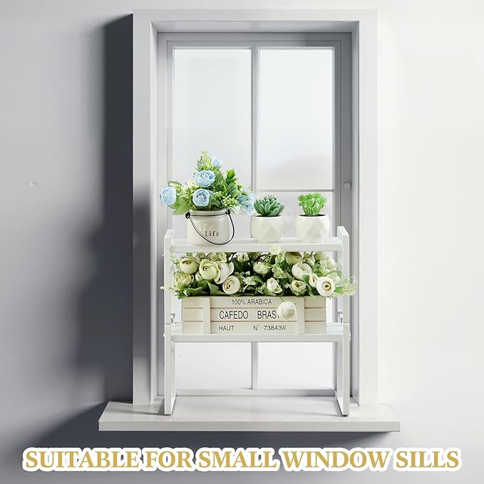2 Pcs Expandable Window Sill Plant Shelf, 13.7 x 3.5 x 7.28 Inches, Stackable Narrow over The Sink Shelf, Adjustable Height Metal Window Sill Extender Shelves for Kitchen Bathroom (White)