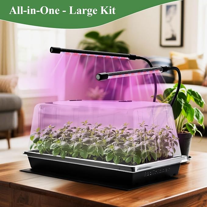 2-Pack 1020 Trays with 7.3'' Domes & Heat Mats & Grow Lights – Heavy-Duty 1020 Seed Starter Kits, Seedling Trays with Humidity Domes & Waterproof Heating Mats & LED Lights for Germination Propagation