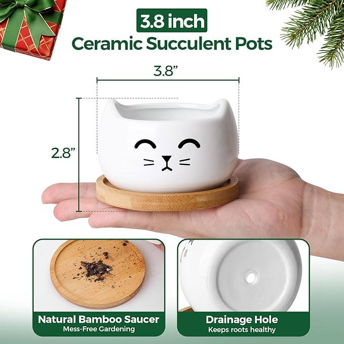 T4U Cat Planter 3.8 Inch, 3 Pcs Cute Cat Small Plant Pots for Indoor Plants, Mini Cat Succulent Pots for Plants, Ceramic Succulent Planters with Drainage, Tiny Flower Pots