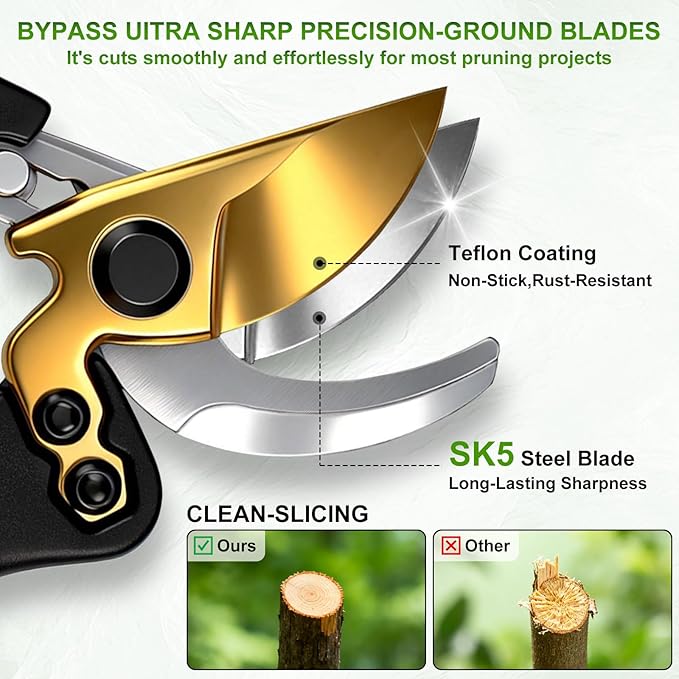 Pruning Shears, Sharp Clean Cut SK5 Steel 8" Garden Clippers with Teflon Blade, Bypass Hand Pruners, Ergonomic Non-Slip Grip for Roses, Shrubs & Plants
