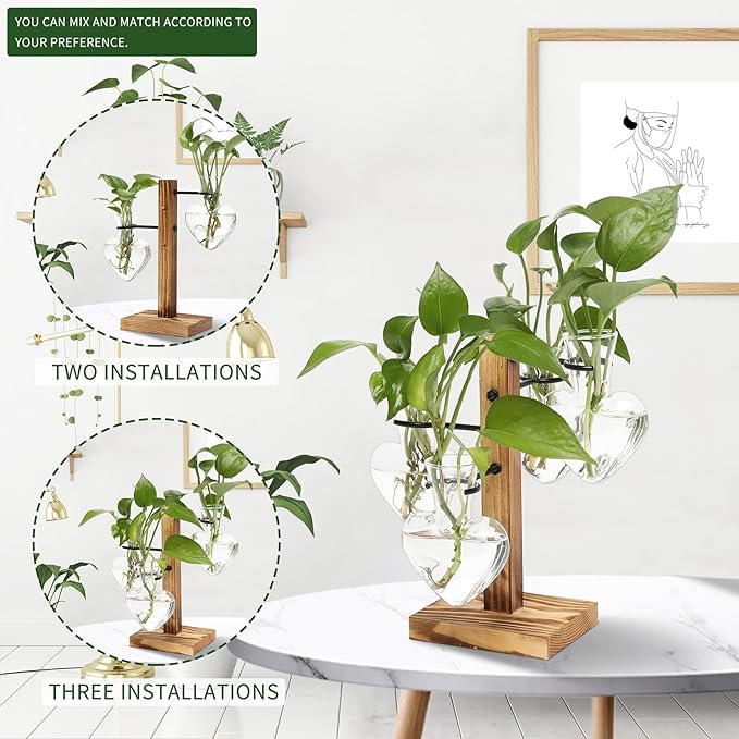 Plant Terrarium Propagation Stations with Wooden Stand, Glass Vase for Indoor Hydroponics Home Garden Office Decoration Gift for Women - 4 Love Bulb Vase