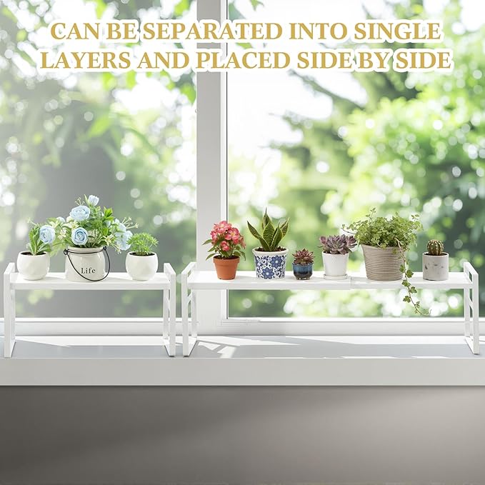 2 Pcs Expandable Window Sill Plant Shelf, 13.7 x 3.5 x 7.28 Inches, Stackable Narrow over The Sink Shelf, Adjustable Height Metal Window Sill Extender Shelves for Kitchen Bathroom (White)