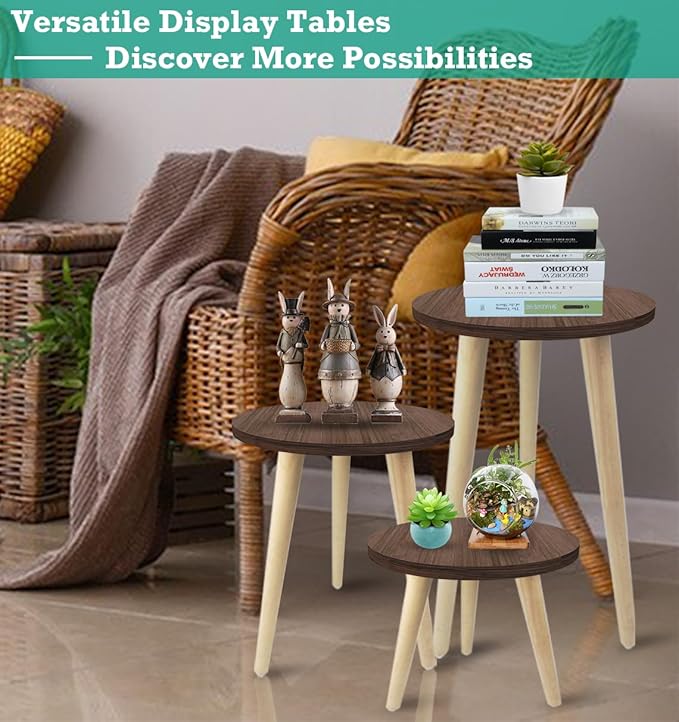 10IN Tall Plant Stand Holder for Indoor Planters, Mid Century Small Round Wood Table for Living Room Corner Floor