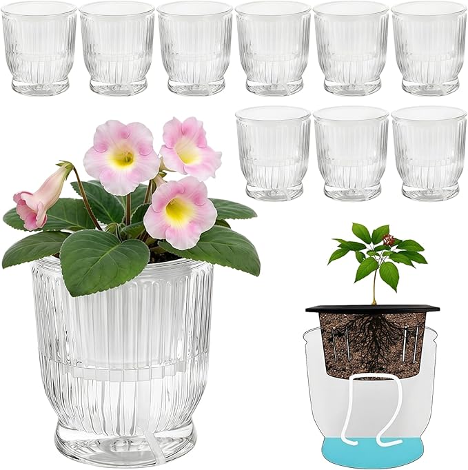 ZOOFOX 10 Pack Self Watering Pots, 4 Inch Small Plant Pots for Indoor Plants, Stripe Plastic Flower Pots for All House Plants, Herbs, Aloe, African Violets, Orchid