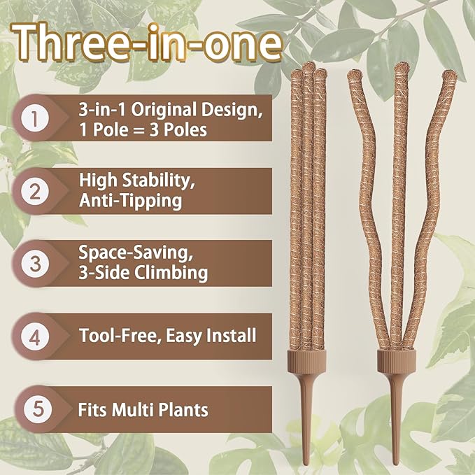 3 Moss Poles in 1, Bendable Monstera Plant Support, 29.9IN Tall Plant Stakes for Indoor Plants, Coir Pole Plant Support for Climbing Plants, Pothos, Philodendron-1 Pack