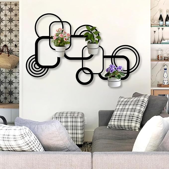 OZF Geometric Metal Wall Mounted Plant Holder, Metal Wall Plant Holder for Indoor, Geometric Line Hanging Planters for Living Room,Office (White, 24"x 14"| 62x38cm, 2 Pack 4" Flower Pot Holder Ring)