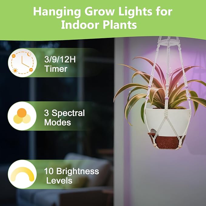 Hanging Planters for Indoor Plants: 2 Pack Macrame Plant Hangers with Grow Lights and Self-Watering Pots, Large Hanging Pots with Drainage Holes & Removable Tray（10in White Pot, GrowPro Spectrum）