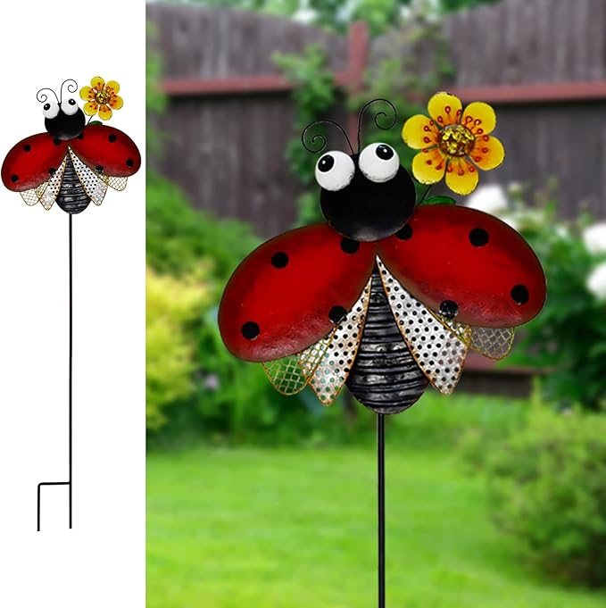 Garden Decor Metal Yard Stakes Spring Lawn Art Decorative Plant Stake Indoor Outdoor Ornaments Decoration for Patio Pathway Backyard (Beetle)