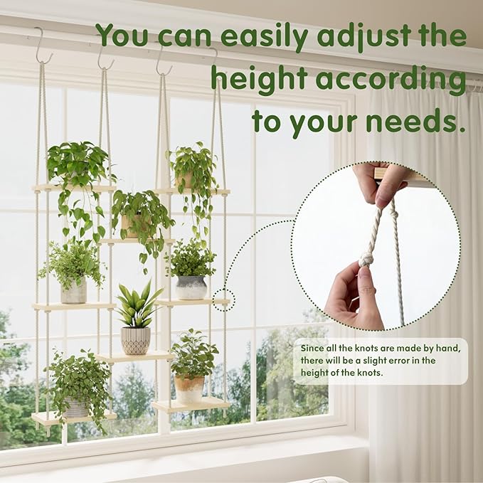 Window Plant Shelves, 8 Tier Window Sill Shelf for Plants, Macrame Hanging Plant Stand Indoor, Plant Hanger Floating Shelves, Window Plants Holder Boho Decor Living Room Bedroom Wall Decor