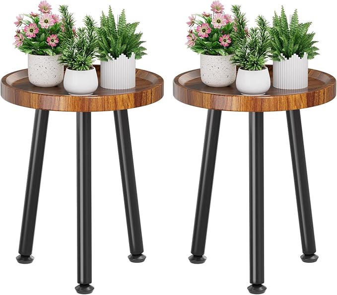 Ekisemio 2-Pack Plant Stands Outdoor Indoor, Mid Century Side Tables with Walnut Finish & Raised Edge, Small End Table for Living Room (12.5"x18")
