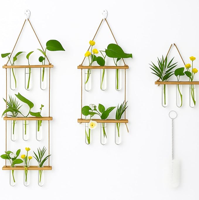 Leumoi 3 Pcs Wall Hanging Plant Propagation Station with Wooden Stand, 18 Glass Test Tubes, 1/2/3 Tiered Planters for Hydroponic Cuttings, Indoor Wall Decor, Office Home Garden Gift