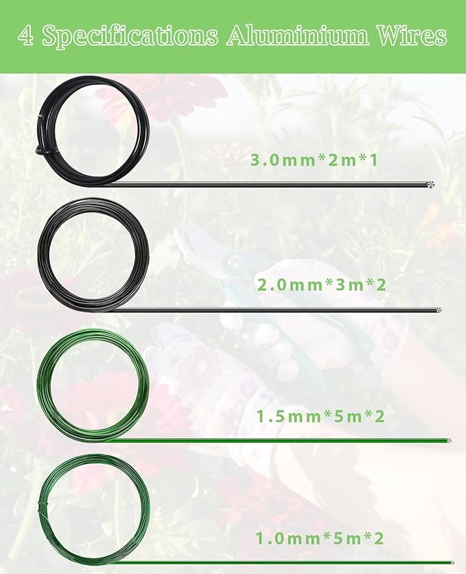 MOSFiATA Bonsai Wire Kit 8Pcs, 7 Roll Aluminum Bonsai Training Wire Coils with Cutter Set - Multiple Sizes (1/1.5/2.0/3.0mm) for Bonsai Trees Branch Control Plant Shaping