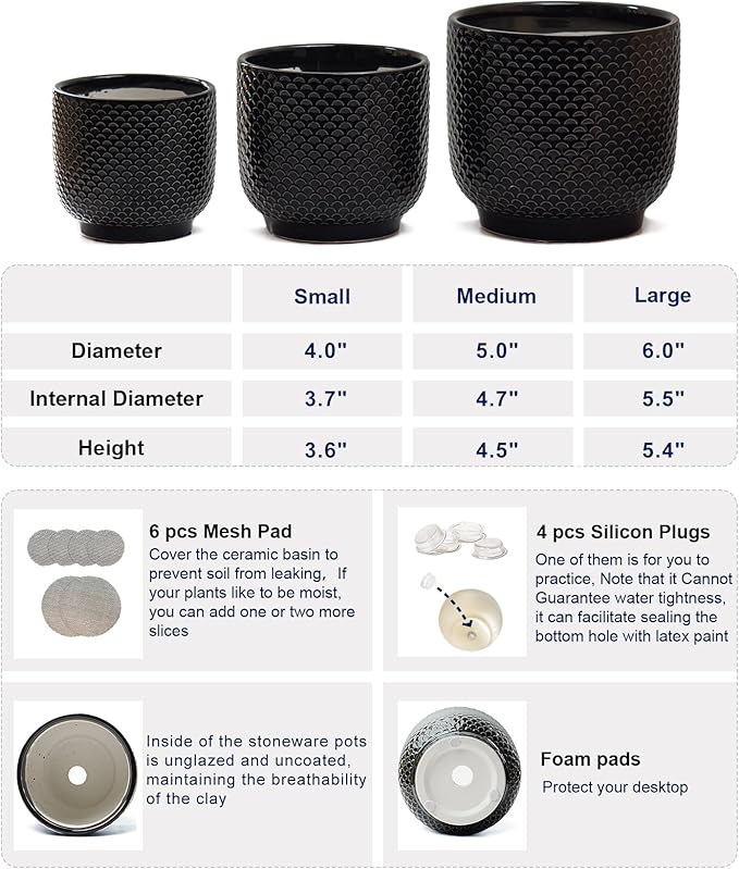 4 + 5 + 6 Inch Ceramic Pots for Indoor Plants, Succulents Plant Pots, Orchid Flower Pot with Drainage Hole, Modern Clay Stoneware Planters, Set of 3 (Black, 4+5+6 Inch)