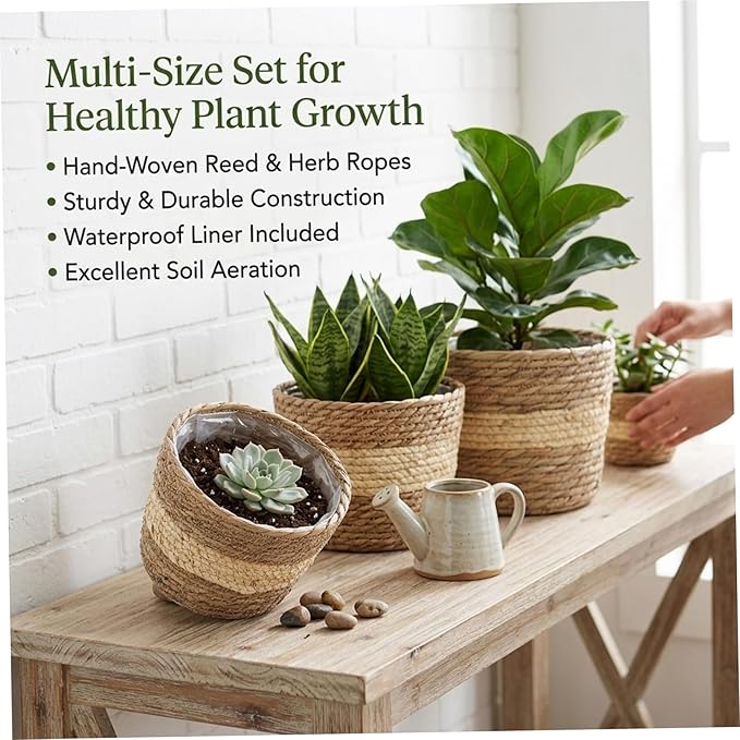 3PCS Woven Planter, Rustic Seagrass Baskets with Liners for Indoor Plants, Natural Rattan Plant Basket for Home Decor (3 Size), Set 2, Decoración del jardín