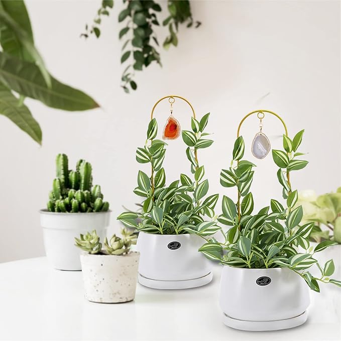 2PCS Small Plant Gold Trellis Indoor, Mini Metal Houseplant Decor Support for Potted Ivy Vine, Boho Garden Decorative Pot Climber with Agate for Climbing Hoya Pothos Philodendron Gift