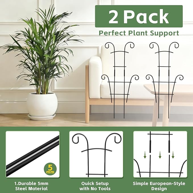 24 Inch Plant Trellis for Potted Plants Outdoor，Larger 2P Metal Garden Trellis for Climbing Plants Indoor Outdoor，Fan Shape Houseplant Monstera Trellis for Hoya Pothos Vine