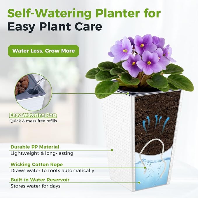 Self Watering Pots for Indoor Plants, 2 Pack Flower Pots Self Watering Planter 10.7" x 6.9" Plastic Pots African Violet Wick and Grow Pots Tall Orchid pots Square Large Plant Pots, White