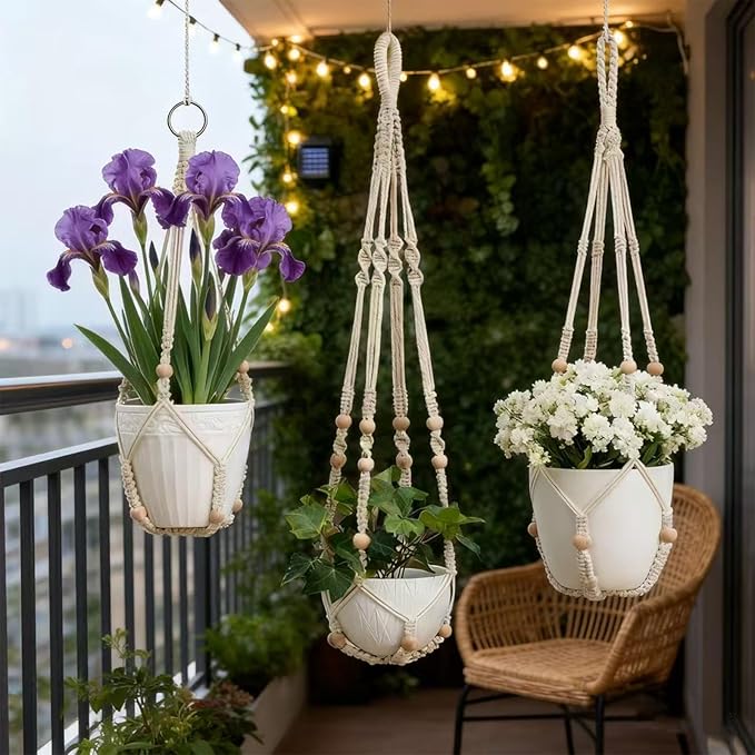3 Pack Hanging Planters, Macrame Boho Plant Holder for Indoor Outdoor Plants, Plant Hangers with 3 Hooks for Garden Patio Home Decor