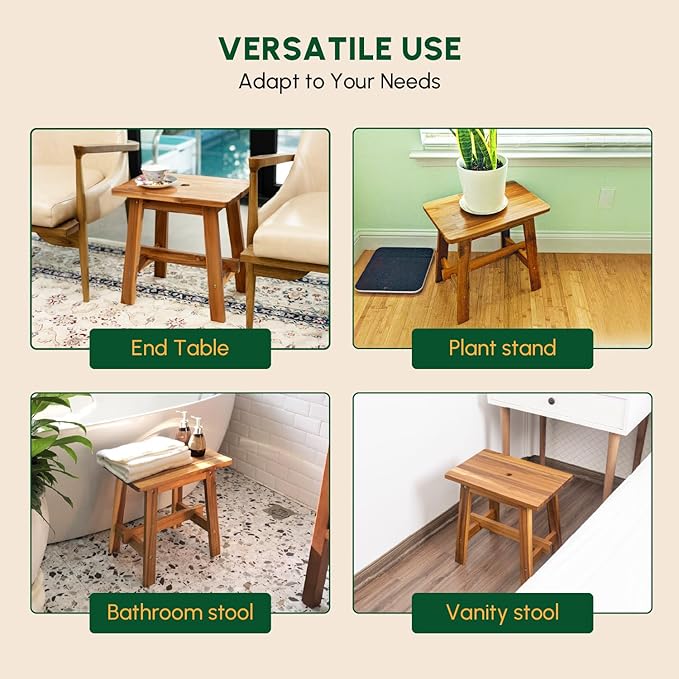 BEEFURNI Rectangular Acacia Wood Stool, Small Bench Seat, 18 Inch Stool, Wood Bathroom Vanity Bench, Plant Stand Indoor, 350 LBS Load Capacity, 1-Year Manufacturer Warranty (Natural Acacia)