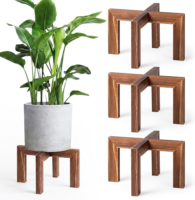 Leaf&lull Plant Stands for Indoor Plants Farmhouse Round Wood Plant Pedestal Decorative Wooden Display Rack Heavy Duty Flower Planter Base for Tabletop Corner Walnut 3 Pack